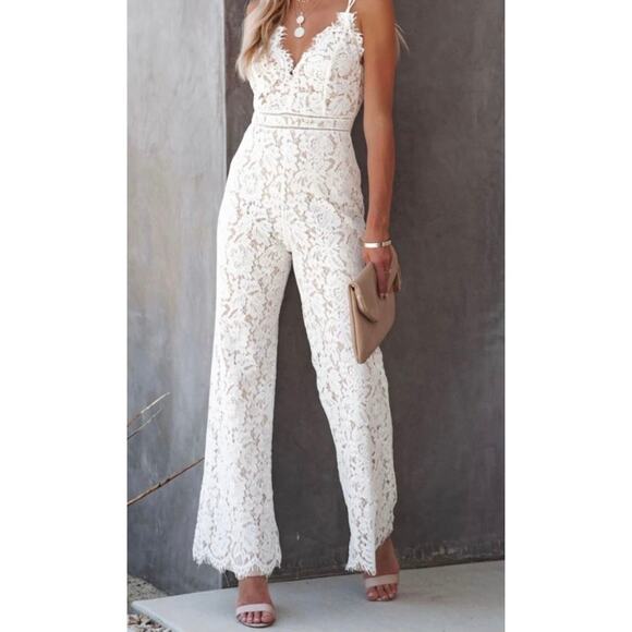 Aakaa Pants - Aakaa Lace Jumpsuit Medium Ivory Wide Leg Boho Bridal Romantic